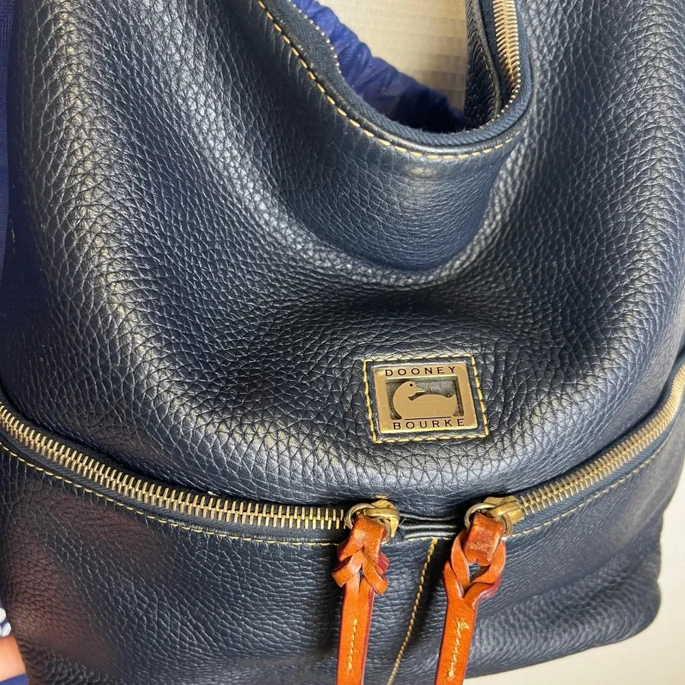 Dooney & Bourke Navy Blue Pebbled Leather Hobo Bag Tan Trim Braided Strap
